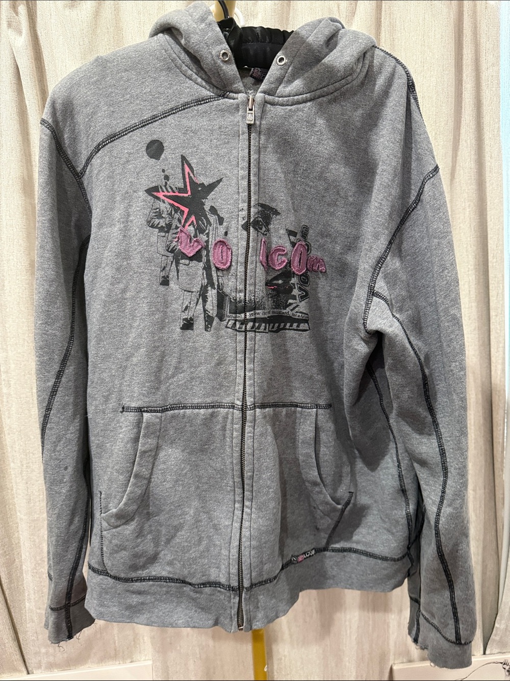 Volcom Grey Zip-Up Hoodie with Pink Graphic Accents
